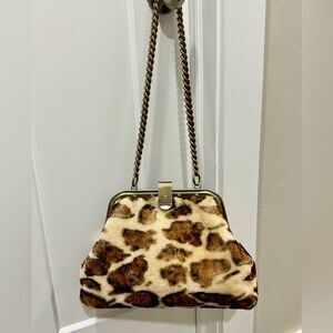 Leopard Print Handmade Real Shearling Leather Chic Metal Frame Push Lock Purse